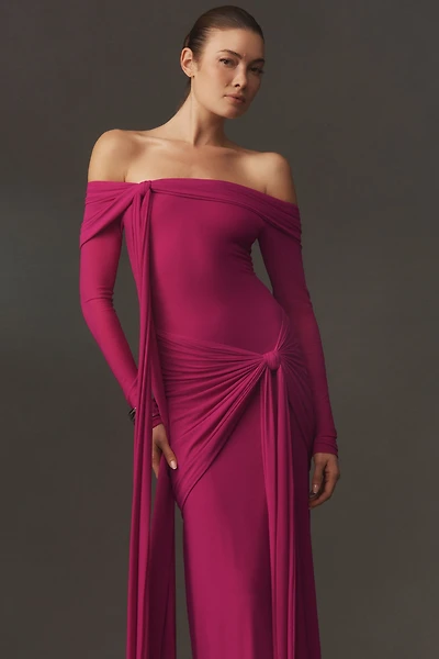 Deme by Gabriella Heloise Off-Shoulder Ruched Stretch Mesh Maxi Dress