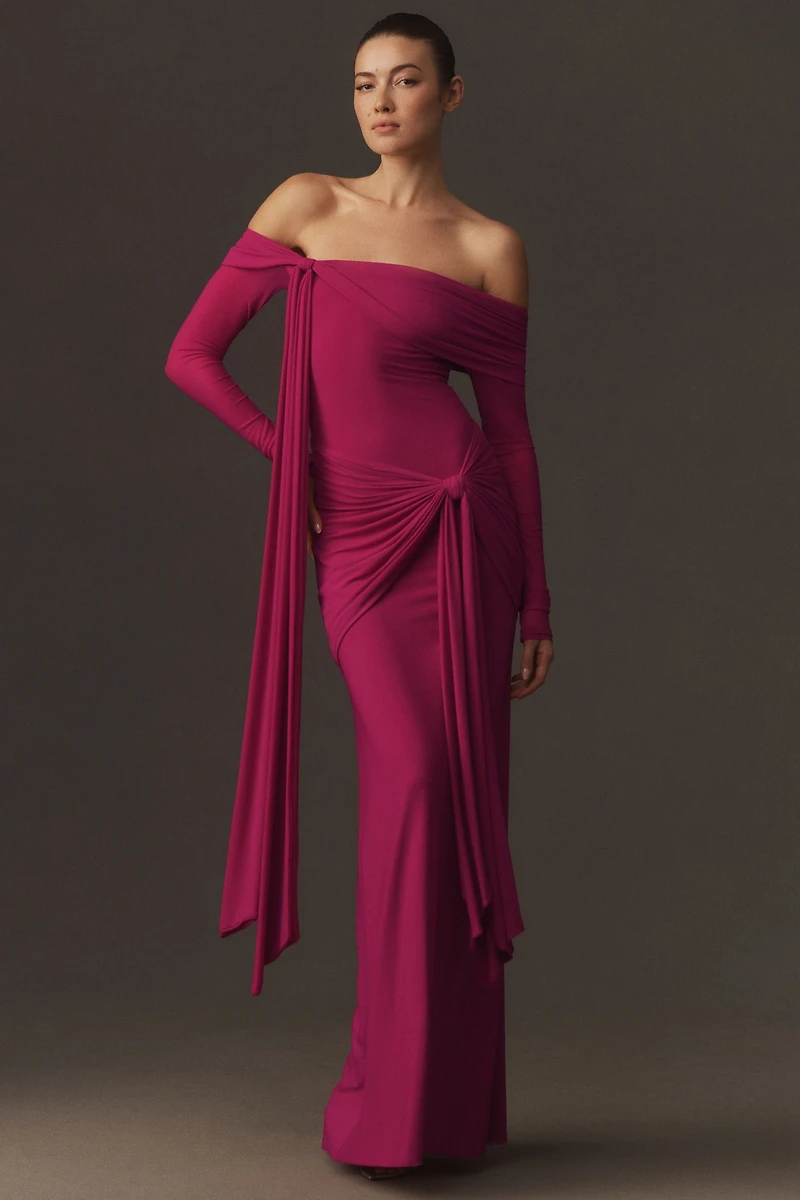Deme by Gabriella Heloise Off-Shoulder Ruched Stretch Mesh Maxi Dress