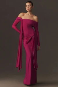 Deme by Gabriella Heloise Off-Shoulder Ruched Stretch Mesh Maxi Dress