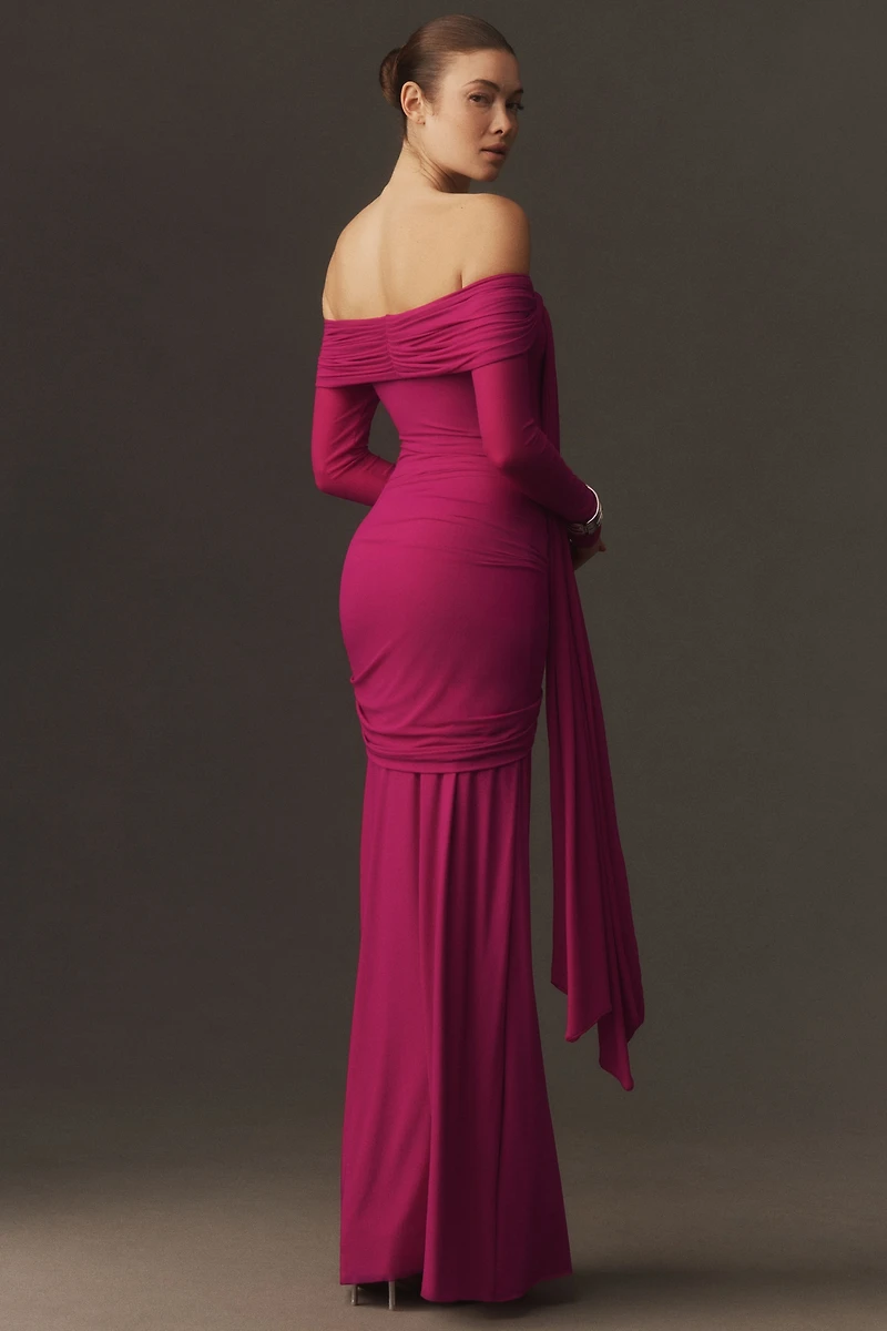 Deme by Gabriella Heloise Off-Shoulder Ruched Stretch Mesh Maxi Dress