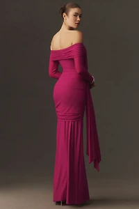 Deme by Gabriella Heloise Off-Shoulder Ruched Stretch Mesh Maxi Dress