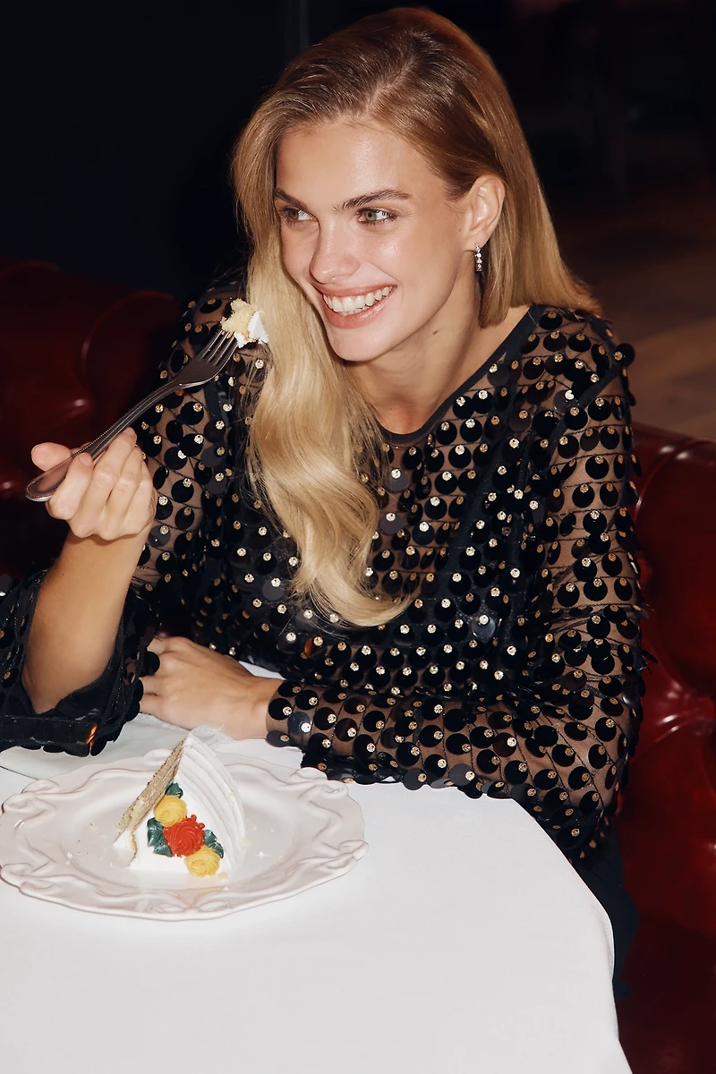 Sunday Brooklyn Sheer Paillette Long-Sleeve Top