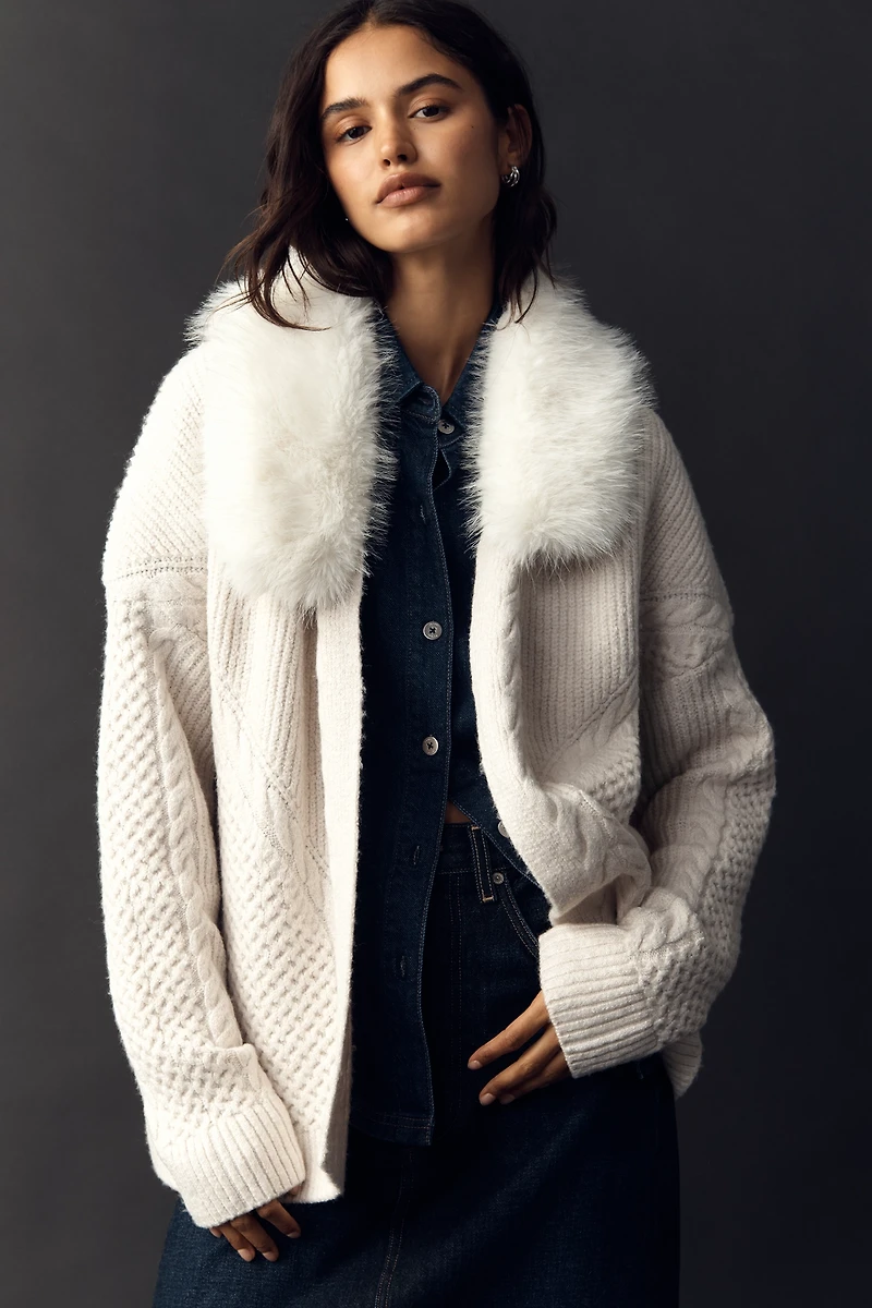 Flat White Faux Fur-Collar Cardigan Sweater