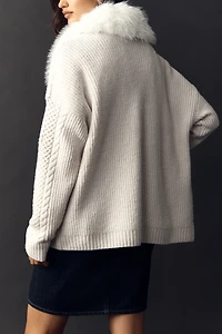 Flat White Faux Fur-Collar Cardigan Sweater