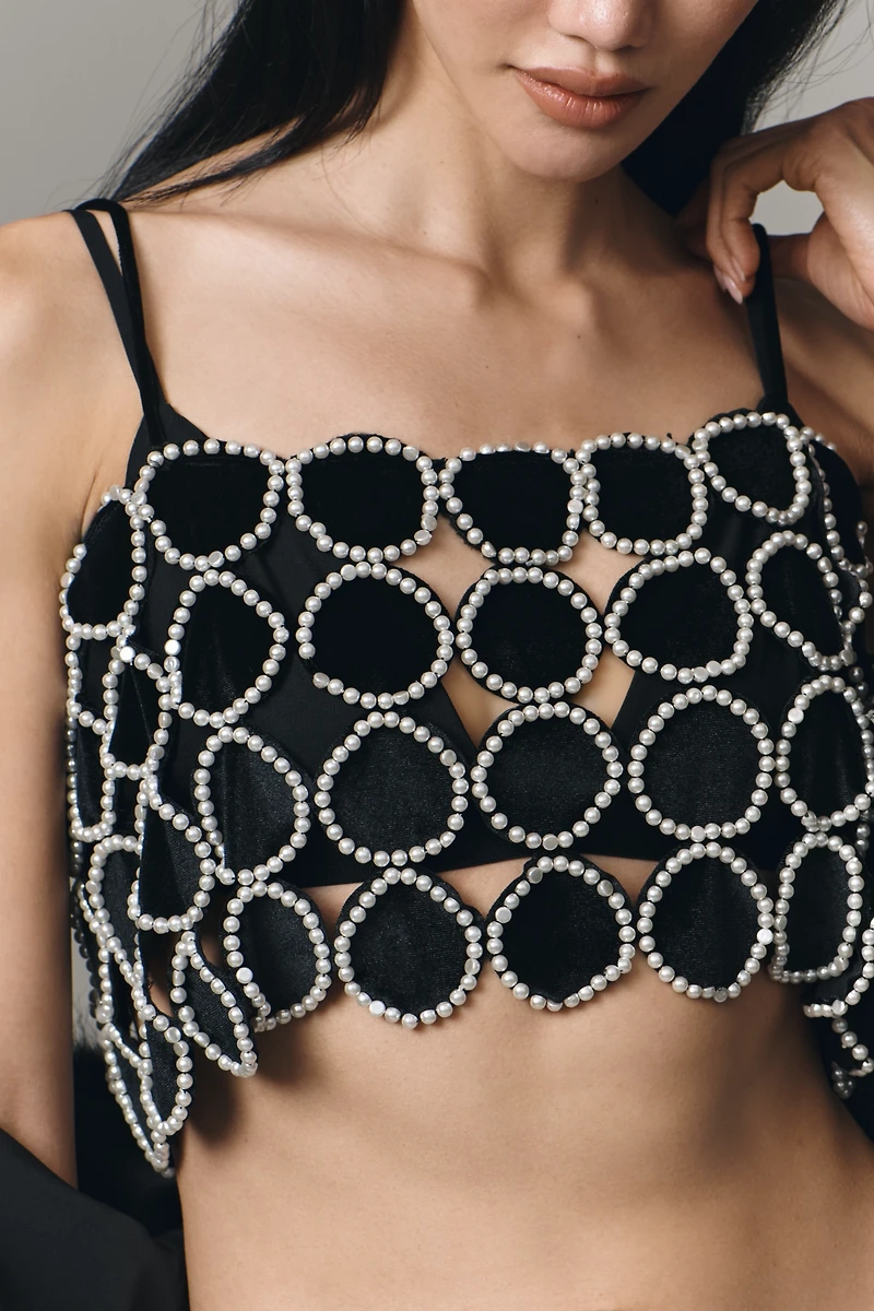 Ollari Pearl-Embellished Velvet Cami