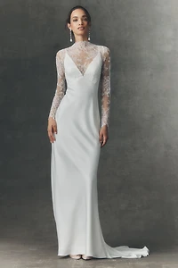 Jenny by Yoo Iris Long-Sleeve V-Neck Satin Wedding Gown