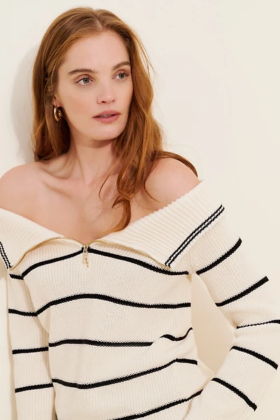 $525 Sierra Off-The-Shoulder Stripe Sweater