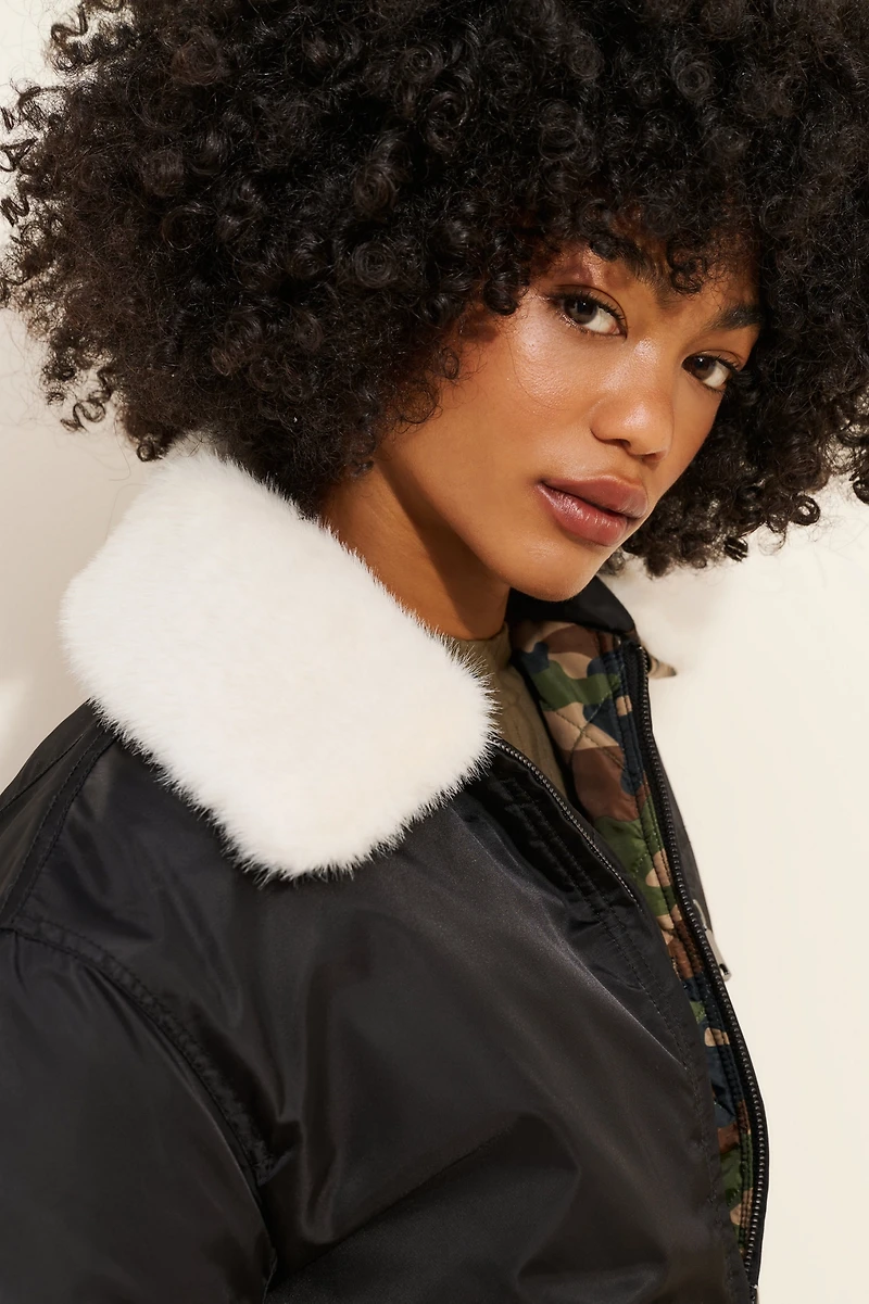 NVLT Faux Fur Collar Padded Bomber Jacket