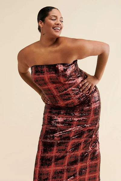 Eloquii Plaid Strapless Sequin Dress