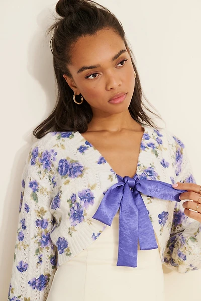 Moon River Wool Blend Floral Cardigan