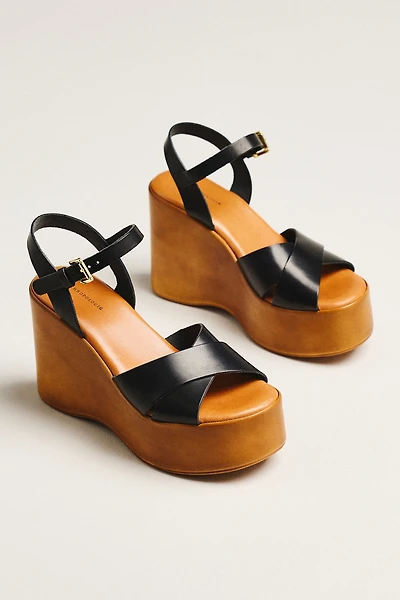 By Anthropologie Wood-Bottom Ankle-Strap Platform Wedge Heels