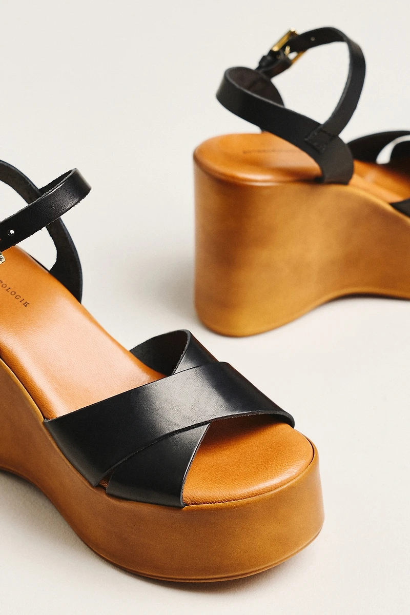 By Anthropologie Wood-Bottom Ankle-Strap Platform Wedge Heels