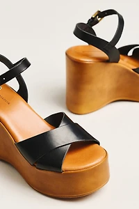 By Anthropologie Wood-Bottom Ankle-Strap Platform Wedge Heels