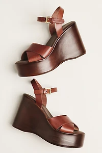 By Anthropologie Wood-Bottom Ankle-Strap Platform Wedge Heels