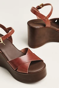 By Anthropologie Wood-Bottom Ankle-Strap Platform Wedge Heels