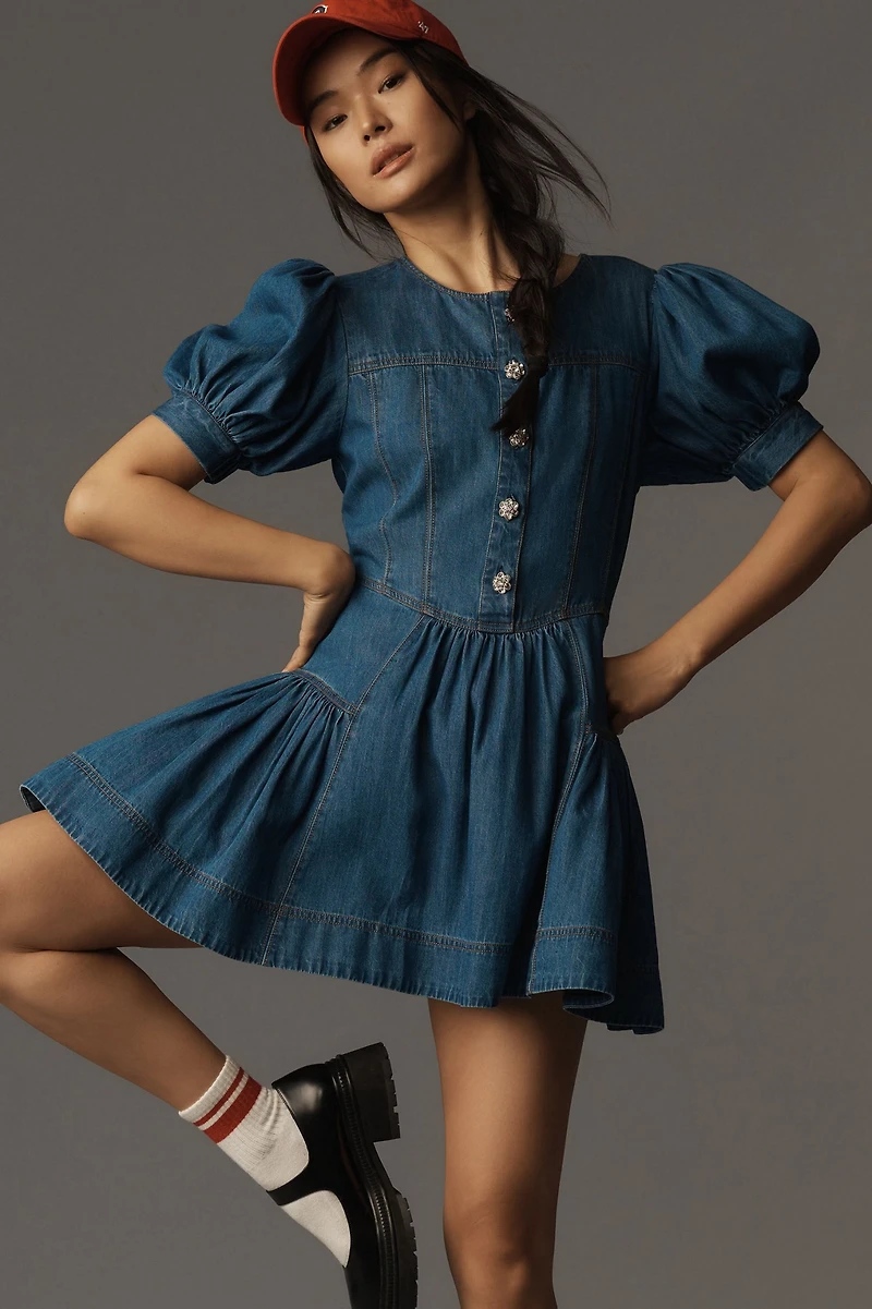 Maeve Puff-Sleeve Tiered Denim Mini Dress