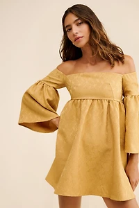 Blue Tassel Off-The-Shoulder Jacquard Babydoll Dress