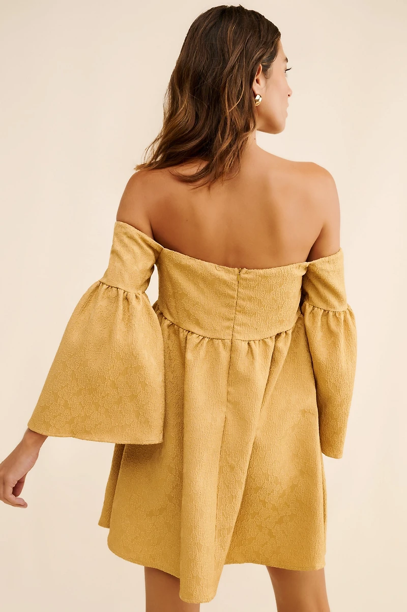 Blue Tassel Off-The-Shoulder Jacquard Babydoll Dress