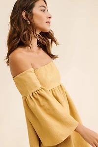 Blue Tassel Off-The-Shoulder Jacquard Babydoll Dress
