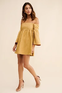 Blue Tassel Off-The-Shoulder Jacquard Babydoll Dress
