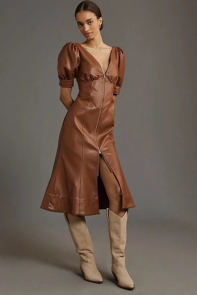 Vegan Leather Puff-Sleeve Zip-Front Midi Dress