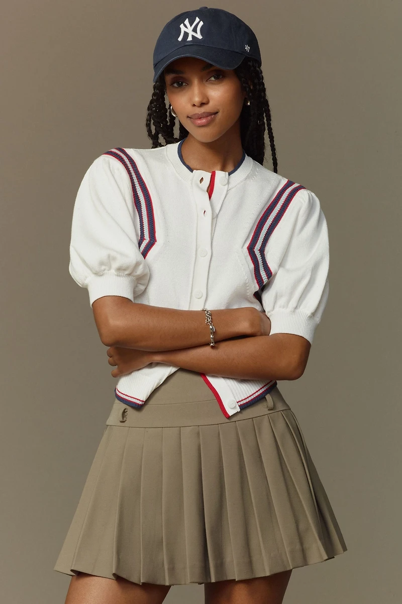 Maeve Puff-Sleeve Inset-Graphic Cardigan Sweater