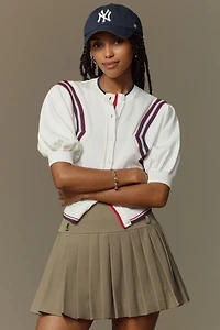 Maeve Puff-Sleeve Inset-Graphic Cardigan Sweater