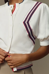 Maeve Puff-Sleeve Inset-Graphic Cardigan Sweater