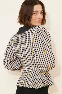 FARM Rio Linen Blend Gingham Embroidered Top