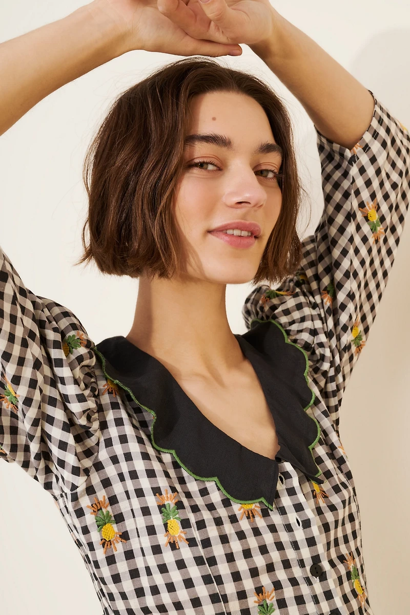 FARM Rio Linen Blend Gingham Embroidered Top