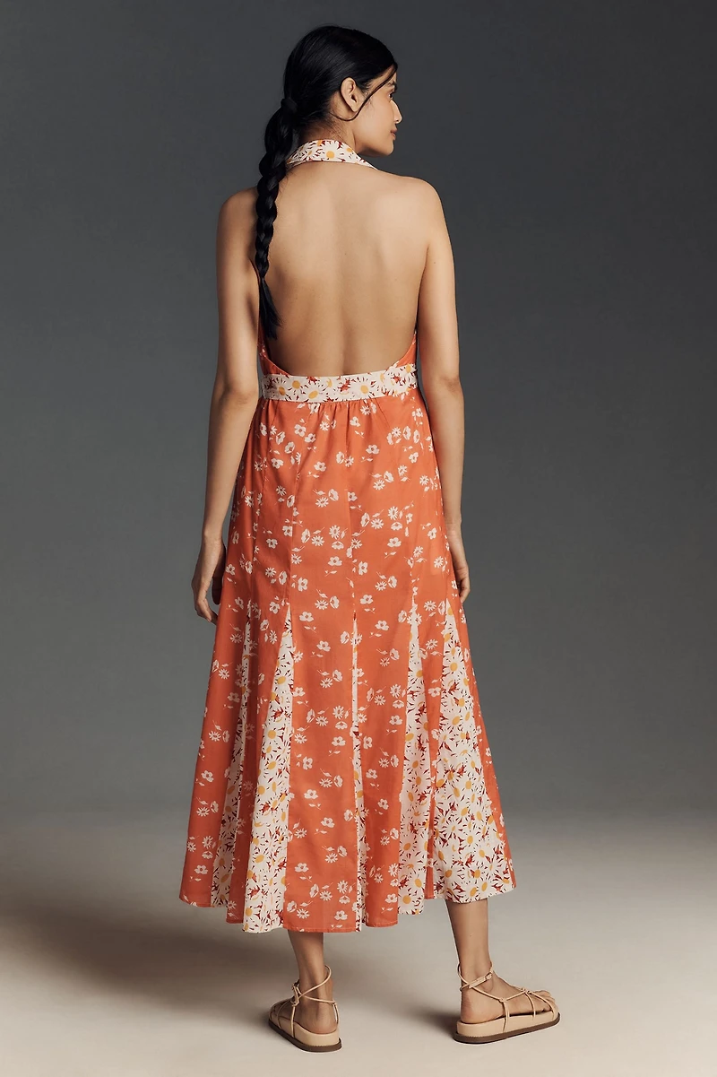 Maeve Halter Open-Back Godet Midi Shirt Dress