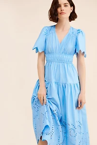 Moon River Pleated Eyelet Midi Dress