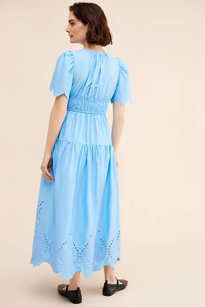 Moon River Pleated Eyelet Midi Dress