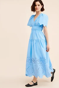 Moon River Pleated Eyelet Midi Dress