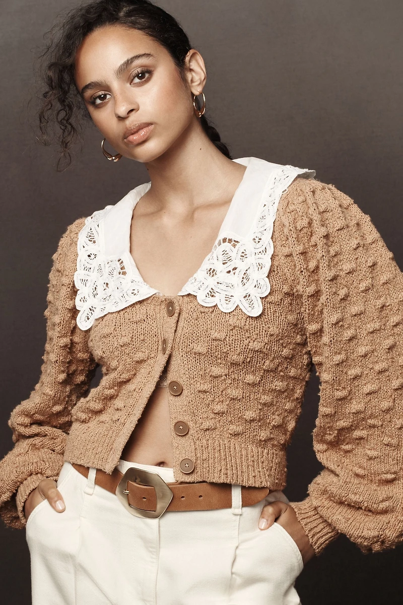 Balloon-Sleeve Collared Cardigan Sweater