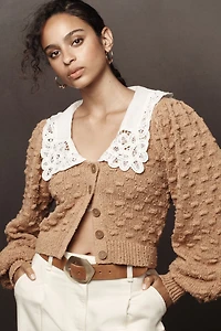 Balloon-Sleeve Collared Cardigan Sweater