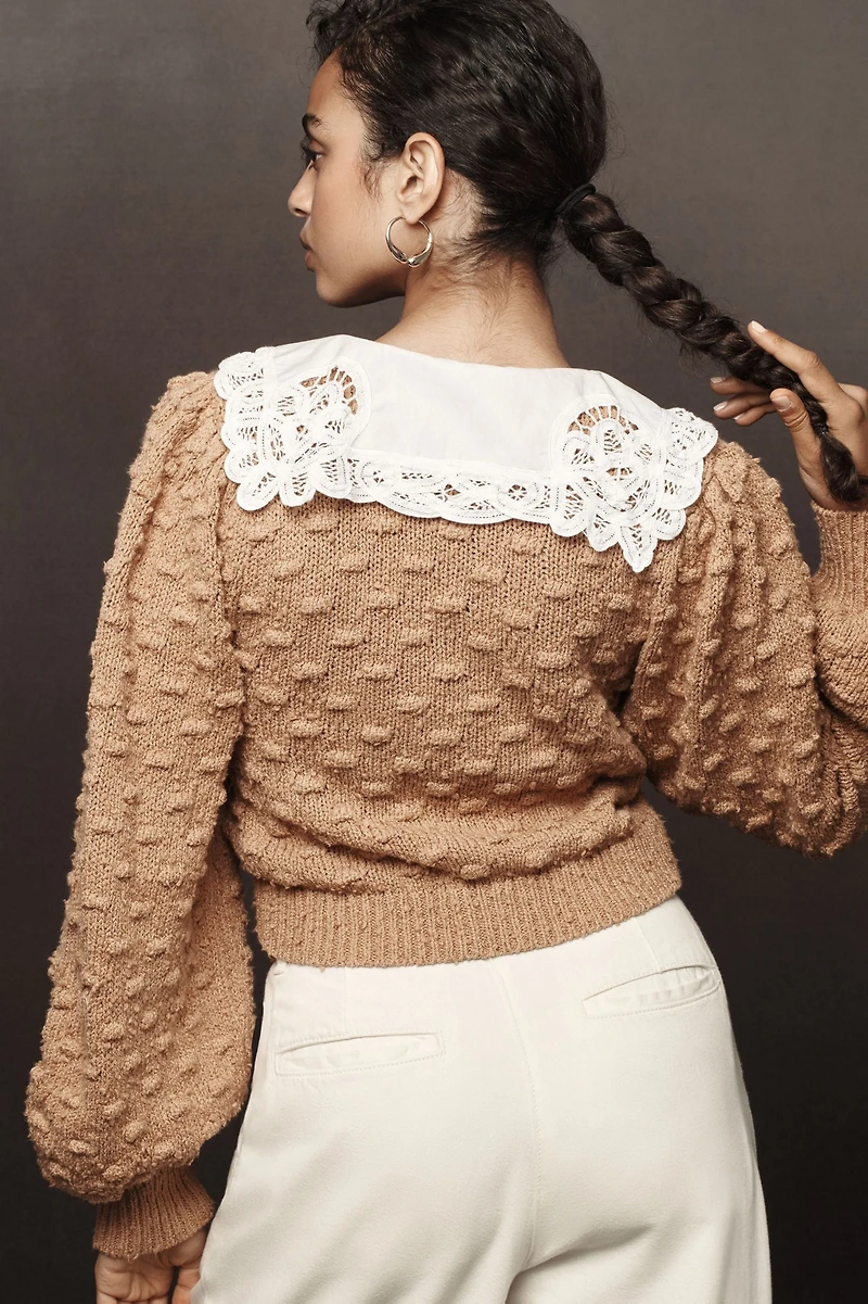 Balloon-Sleeve Collared Cardigan Sweater