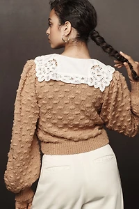 Balloon-Sleeve Collared Cardigan Sweater