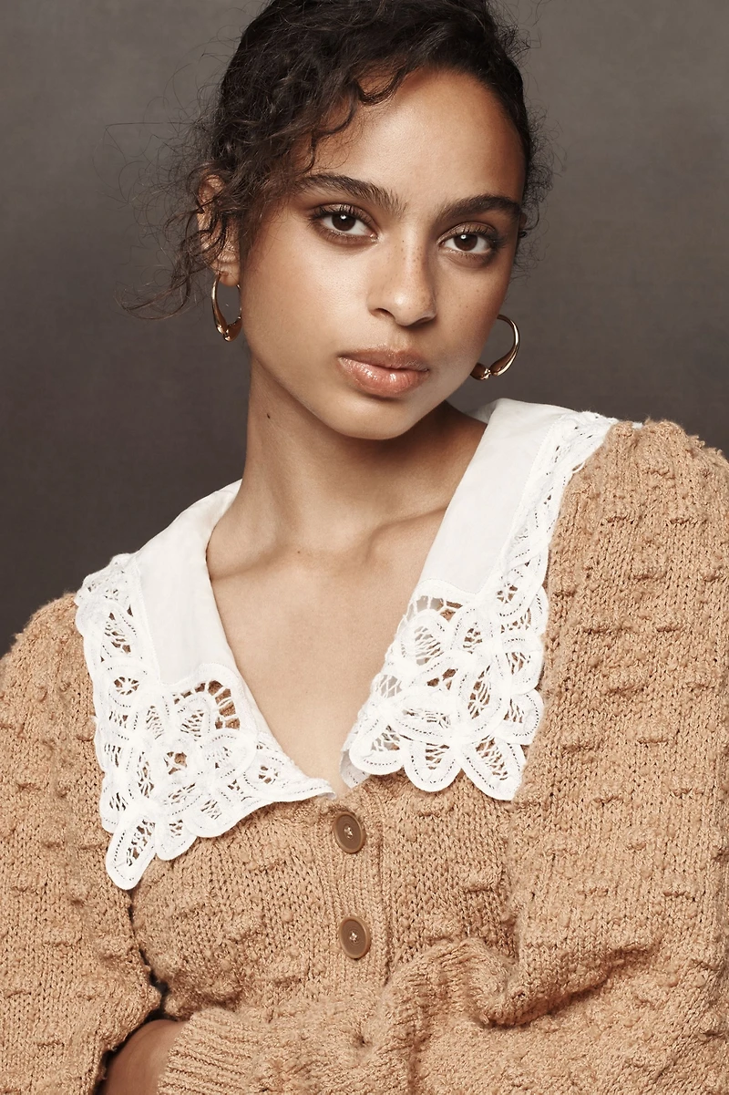 Balloon-Sleeve Collared Cardigan Sweater