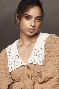 Balloon-Sleeve Collared Cardigan Sweater