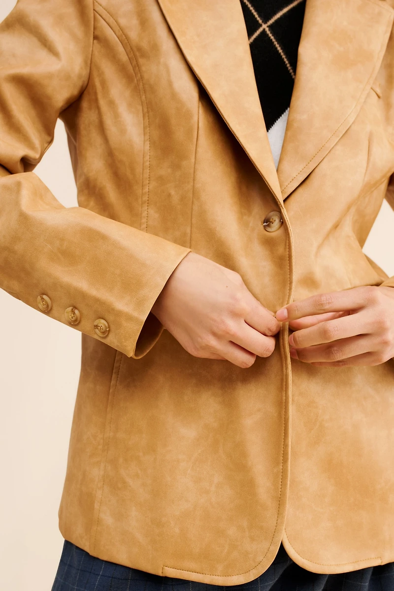 Flat White Structured Vegan Leather Blazer