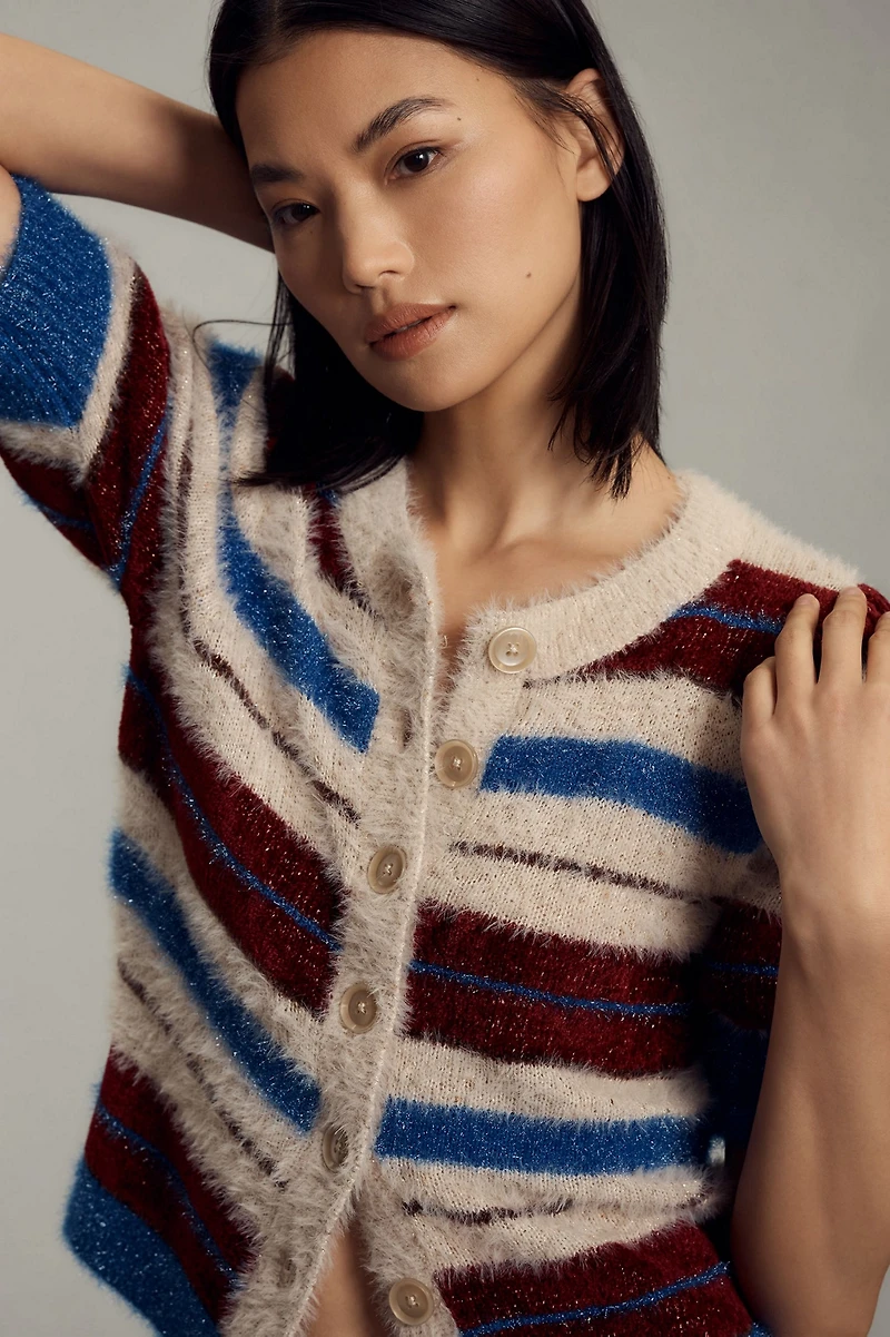 Maeve Short-Sleeve Fuzzy Cardigan Sweater