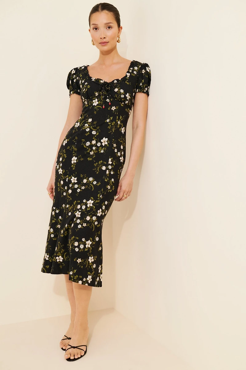 Maeve Linen Blend Puff-Sleeve Sweetheart Midi Dress
