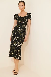 Maeve Linen Blend Puff-Sleeve Sweetheart Midi Dress