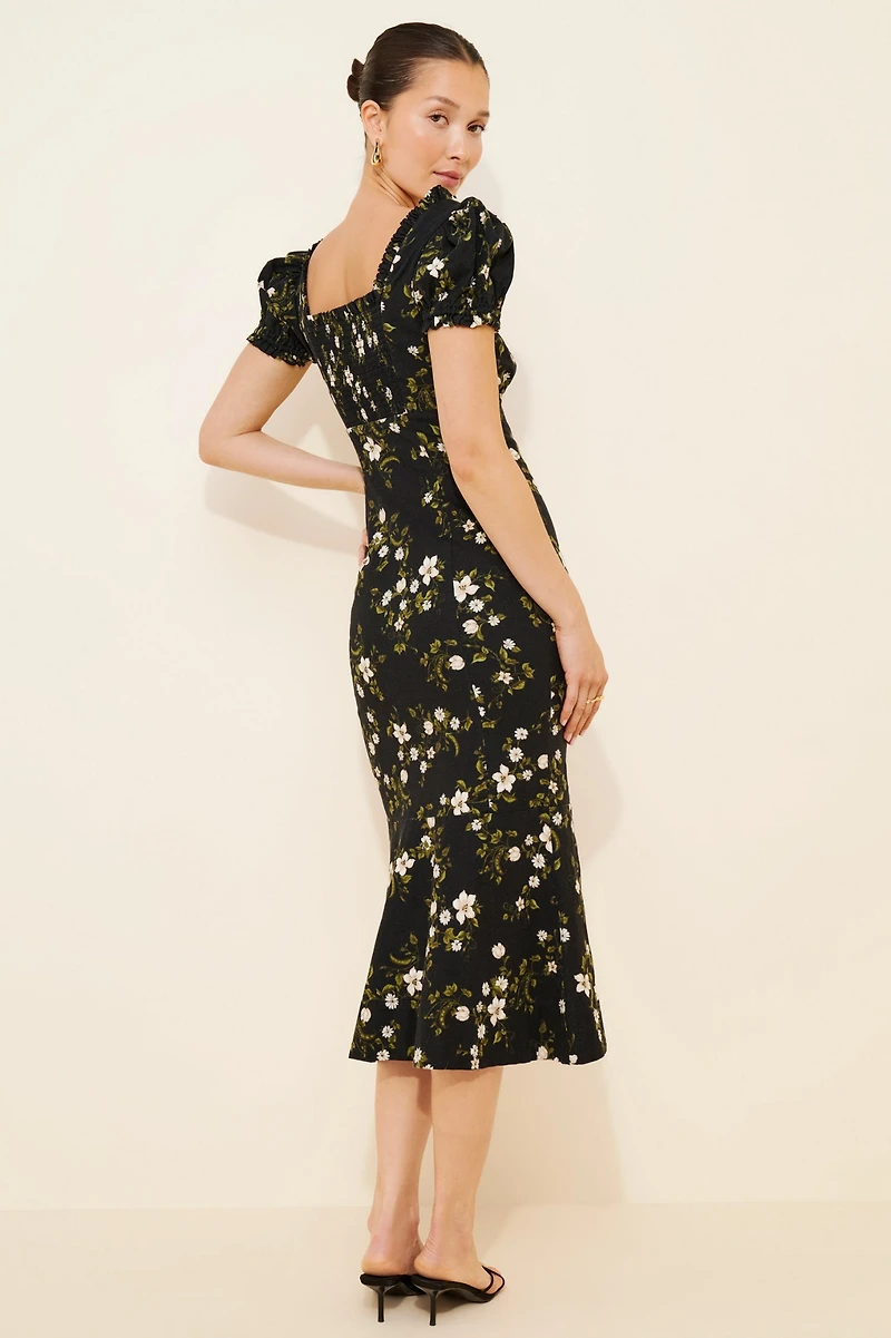 Maeve Linen Blend Puff-Sleeve Sweetheart Midi Dress