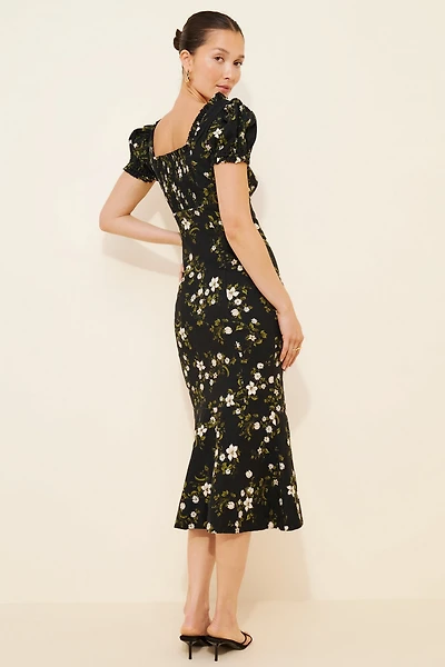 Maeve Linen Blend Puff-Sleeve Sweetheart Midi Dress