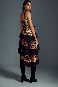 Square-Neck Printed Tiered Midi Dress