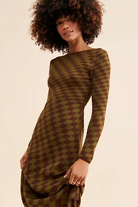 Moon River Grid Print Midi Sweater Dress