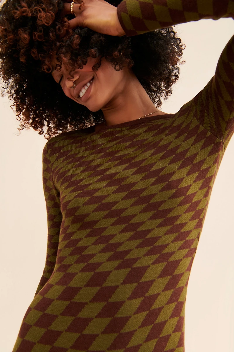 Moon River Grid Print Midi Sweater Dress