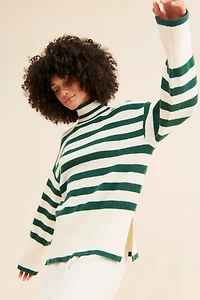 Flat White Striped Turtleneck Oversized Sweater